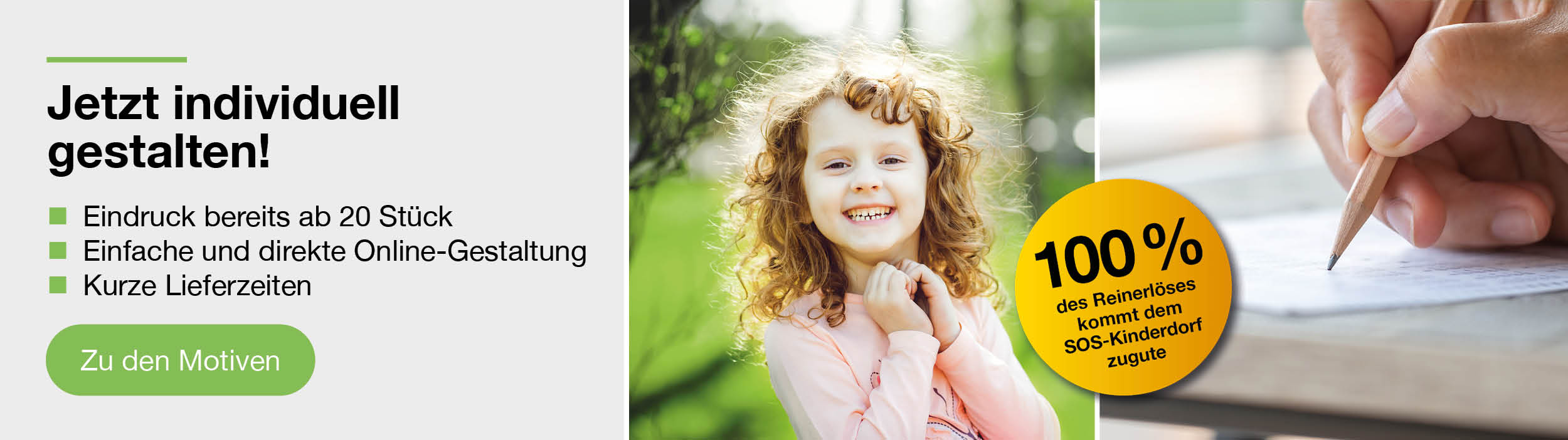 Individuell gestaltbare Karten – Werbebanner mit Infos zu Online-Gestaltung, kurzer Lieferzeit und 100 % Erlös für SOS-Kinderdorf, lachendes Kind im Hintergrund.